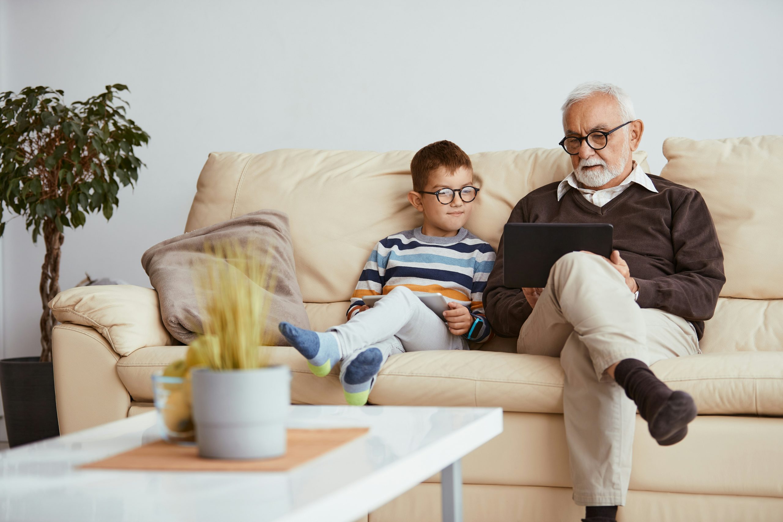 Grandfather with child on sofa